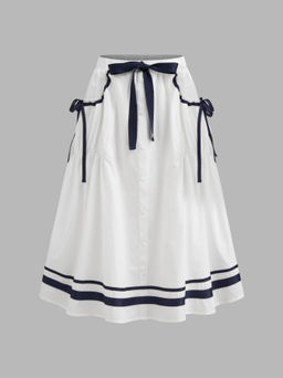 Cider - 100% Cotton Mid Rise Striped Bowknot Pocket Skirt