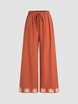 Cider - Cotton-blend Mid Rise Floral Elastic Waist Wide Leg Trousers
