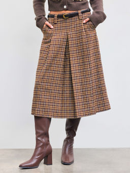 Cider - Wool-like Mid Rise Checks Pleated Skirt With Belt