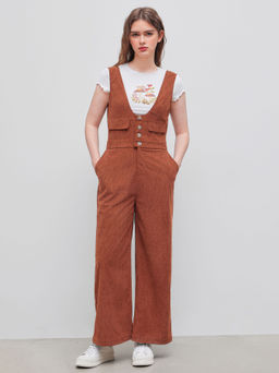 Cider - Corduroy Scoop Neckline Solid Button Pocket Jumpsuit