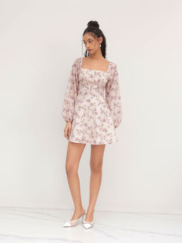 Cider - Square Neckline Floral Shirred Dress