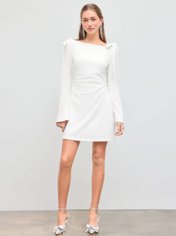 Cider - Boat Neckline Solid Ruched Bowknot Dress