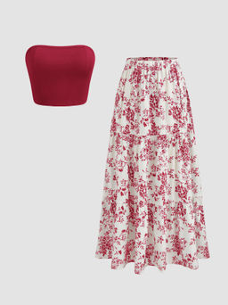 Cider - Solid Crop Tube Top & Mid Rise Floral Ruffle Tiered Skirt Set