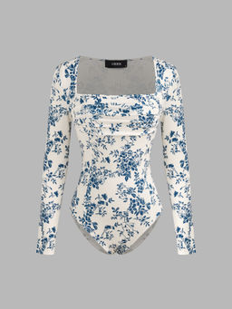 Cider - Square Neck Floral Ruched Bodysuit