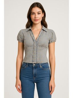 Cider - 100% Cotton V-neck Check Button Short Sleeve Blouse