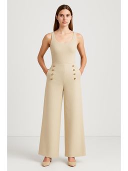 Cider - Mid Rise Solid Button Pocket Wide Leg Trousers