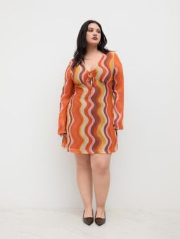 Cider - Mesh V-neck Abstract Wave Knotted Dress Curve & Plus