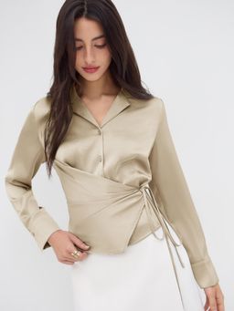 Cider - Notched Collar Ruched Knotted Shirt
