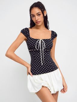 Cider - Square Neck Polka Dot Knotted Short Sleeve Top