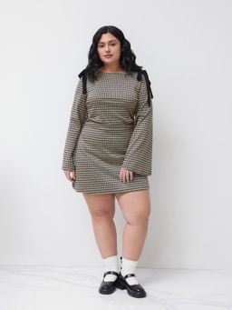 Cider - Cotton-blend Boat Neck Gingham Bowknot Ruched Dress Curve & Plus