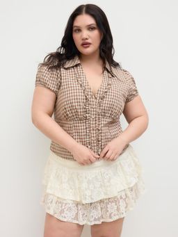 Cider - 100% Cotton V-neck Check Short Sleeve Blouse Curve & Plus