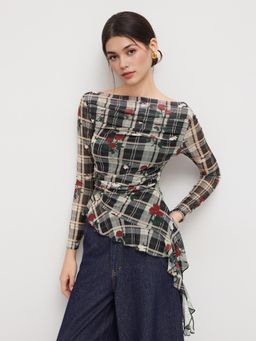 Cider - Mesh Boat Neck Rose Plaid Ruffle Hem Top