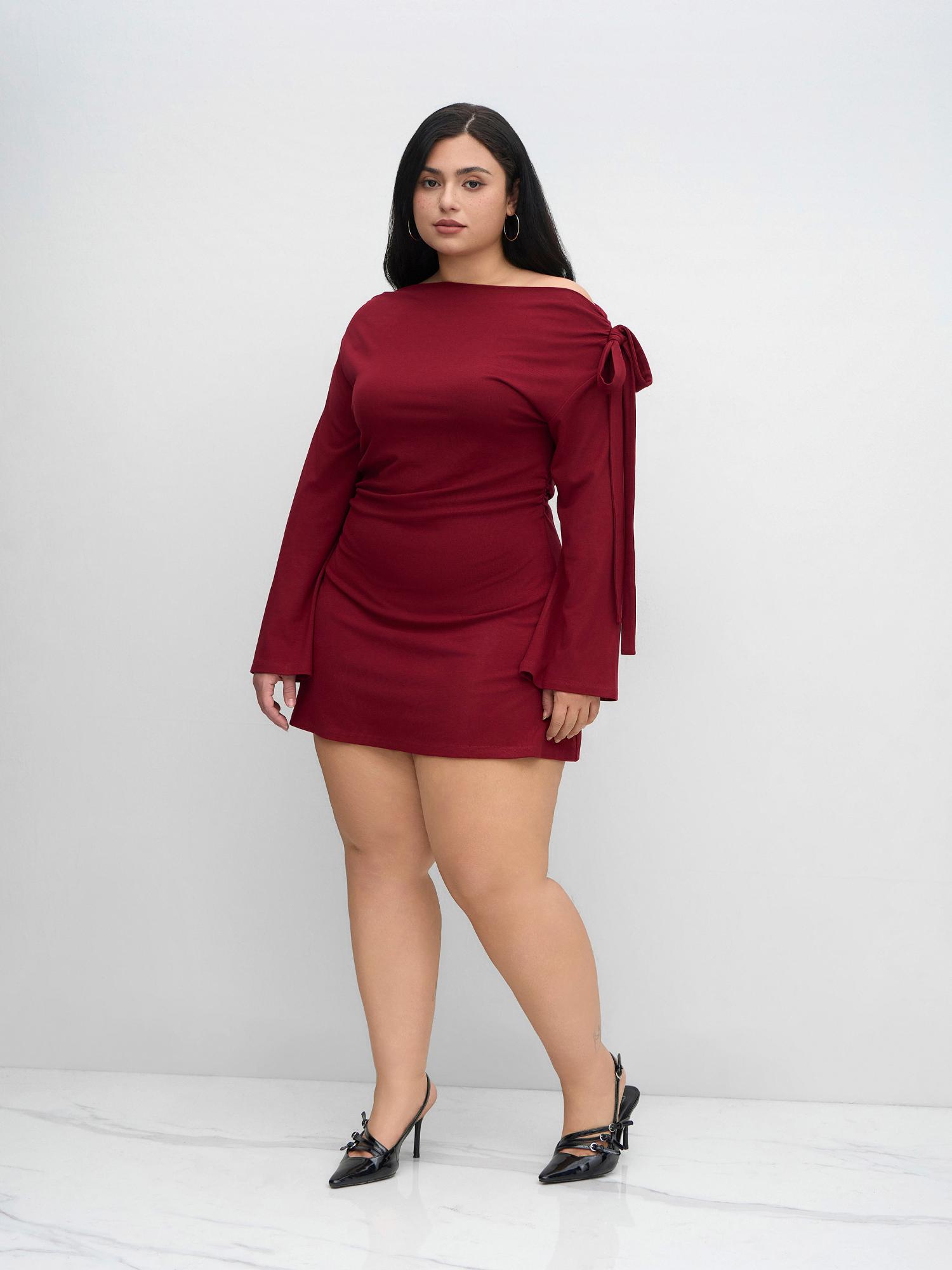 cider Asymmetrical Neck Knotted Ruched Dress Curve & Plus-picture-44
