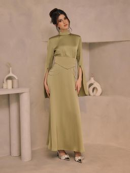 Cider - Satin Stand Collar Rhinestone Chain Split Sleeve Dress