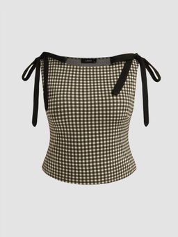 Cider - Cotton-blend Boat Neck Gingham Bowknot Top Curve & Plus