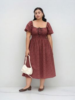 Cider - 100% Cotton Ditsy Floral Shirred Knotted Dress Curve & Plus