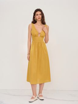 Cider - Linen-blend V-neck Beaded Cut Out Ruffle Dress