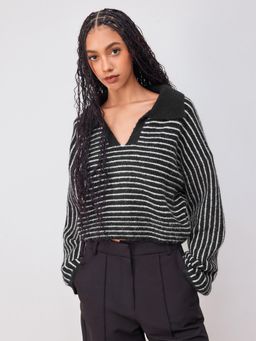 Cider - Wool-blend Knit Collar Stripe Oversized Long Sleeve Top