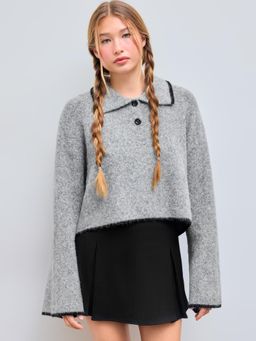 Cider - Wool-blend Polo Contrasting Binding Button Knitted Long Bell Sleeve Top