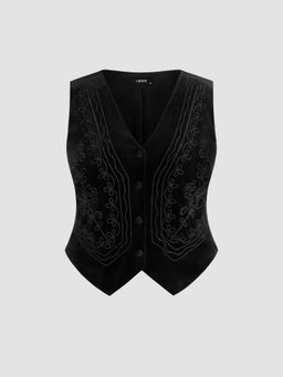 Cider - Velvet V-neck Aztec Button Jacket Vest Curve & Plus