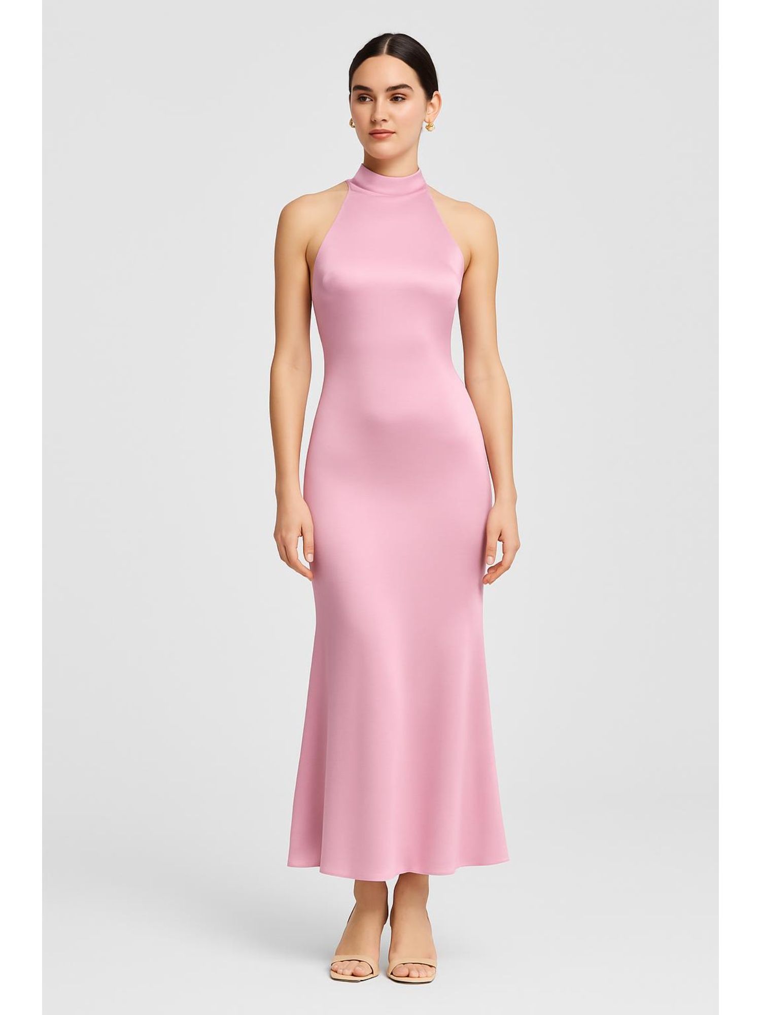 Satin Halter Neckline Backless Dress-image-1