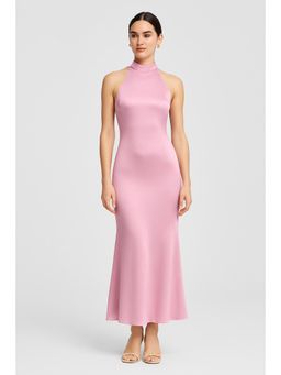 Cider - Satin Halter Neckline Backless Dress