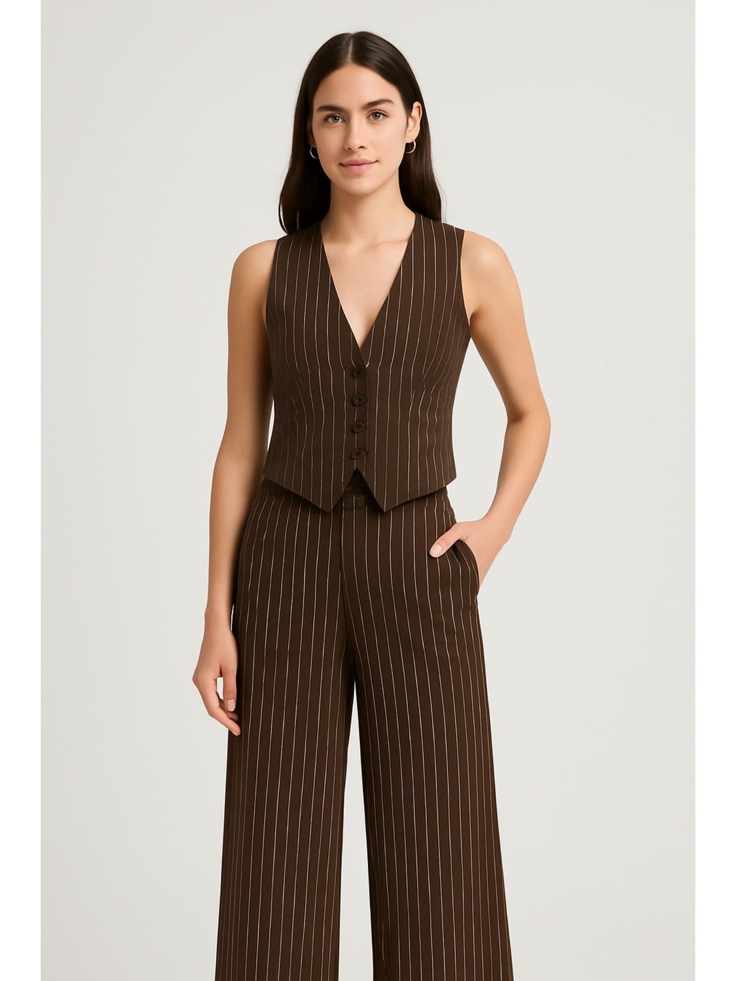 cider V-neck Stripe Button Tank Top & Mid Rise Pocket Straight Leg Trousers-picture-33