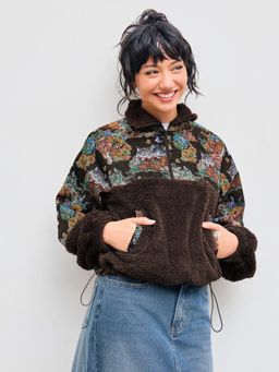 Cider - Fleece Collar Floral Cat Knotted Sweatshirt