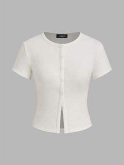 Cider - Round Neckline Solid Button Short Sleeve Top