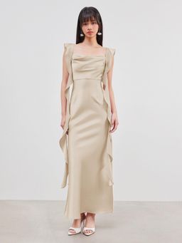Cider - Satin Cowl Neck Solid Ruffle Hem Dress