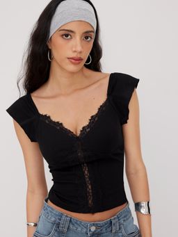 Cider - Cotton-blend V-neck Lace Trim Tee