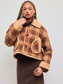 Cider - Fleece Collar Tartan Pocket Toggle Button Oversized Jacket