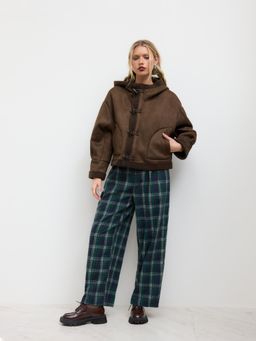 Cider - Faux Shearling Hooded Pocket Toggle Button Oversized Jacket