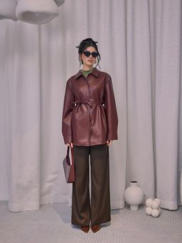 Cider - Faux Leather Collar Solid Button Jacket With Belt