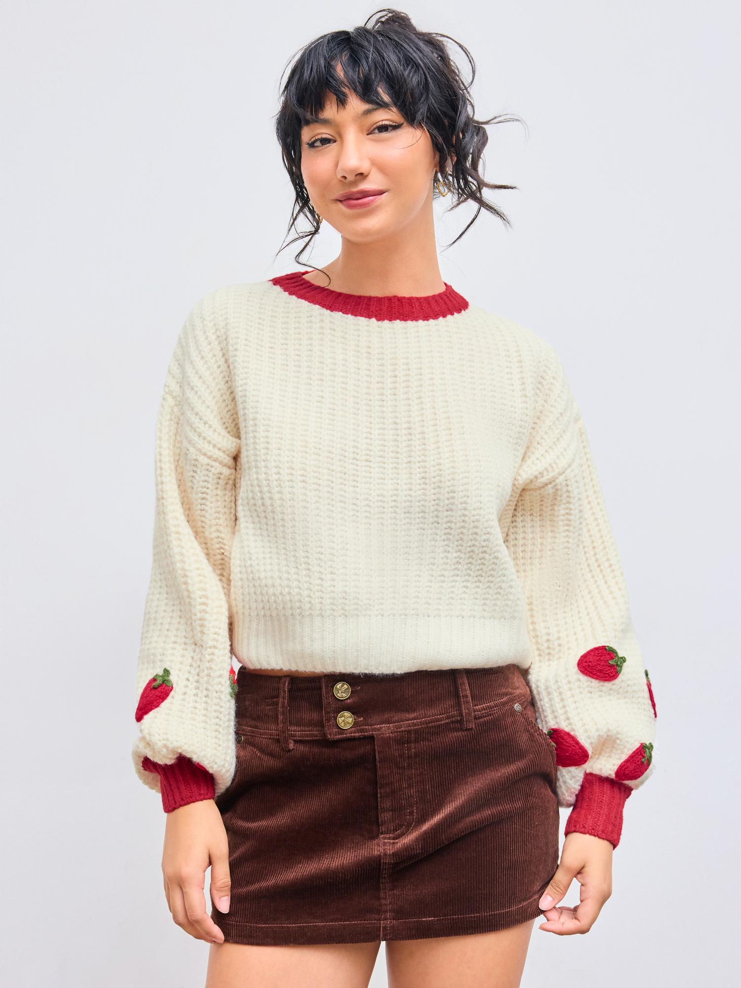 cider Knitted Round Neckline Strawberry Contrasting Binding Crop Sweater-picture-29