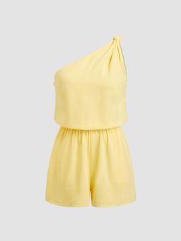 Cider - Linen-blend Asymmetrical Neck Solid Twist Pocket Romper