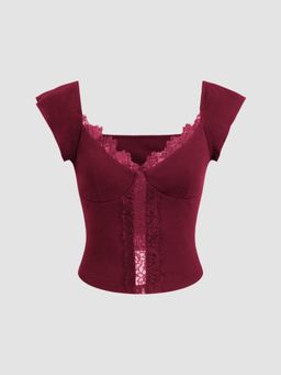 Cider - Cotton-blend V-neck Lace Trim Tee