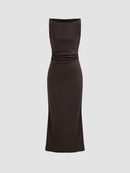 Cider - Satin Boat Neck Ruched Dress