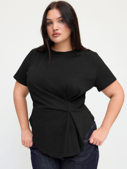 Cider - 100% Cotton Round Neckline Ruched Asymmetrical Hem Tee Curve & Plus