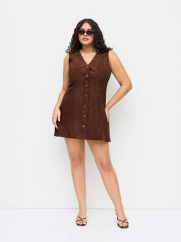 Cider - Suede V-neck Button Knotted Dress Curve & Plus