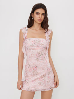 Cider - Square Neck Lace Floral Ruffle Hem Ruched Dress