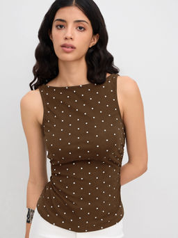 Cider - Cotton-blend Boat Neck Knotted Polka Dot Ruched Tank Top