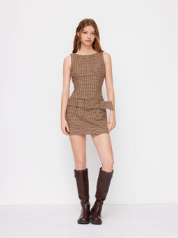 Cider - Boat Neck Houndstooth Belted Dress