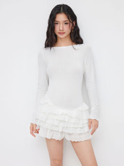 Cider - Cotton Boat Neck Broderie Anglaise Layered Dress With Shorts