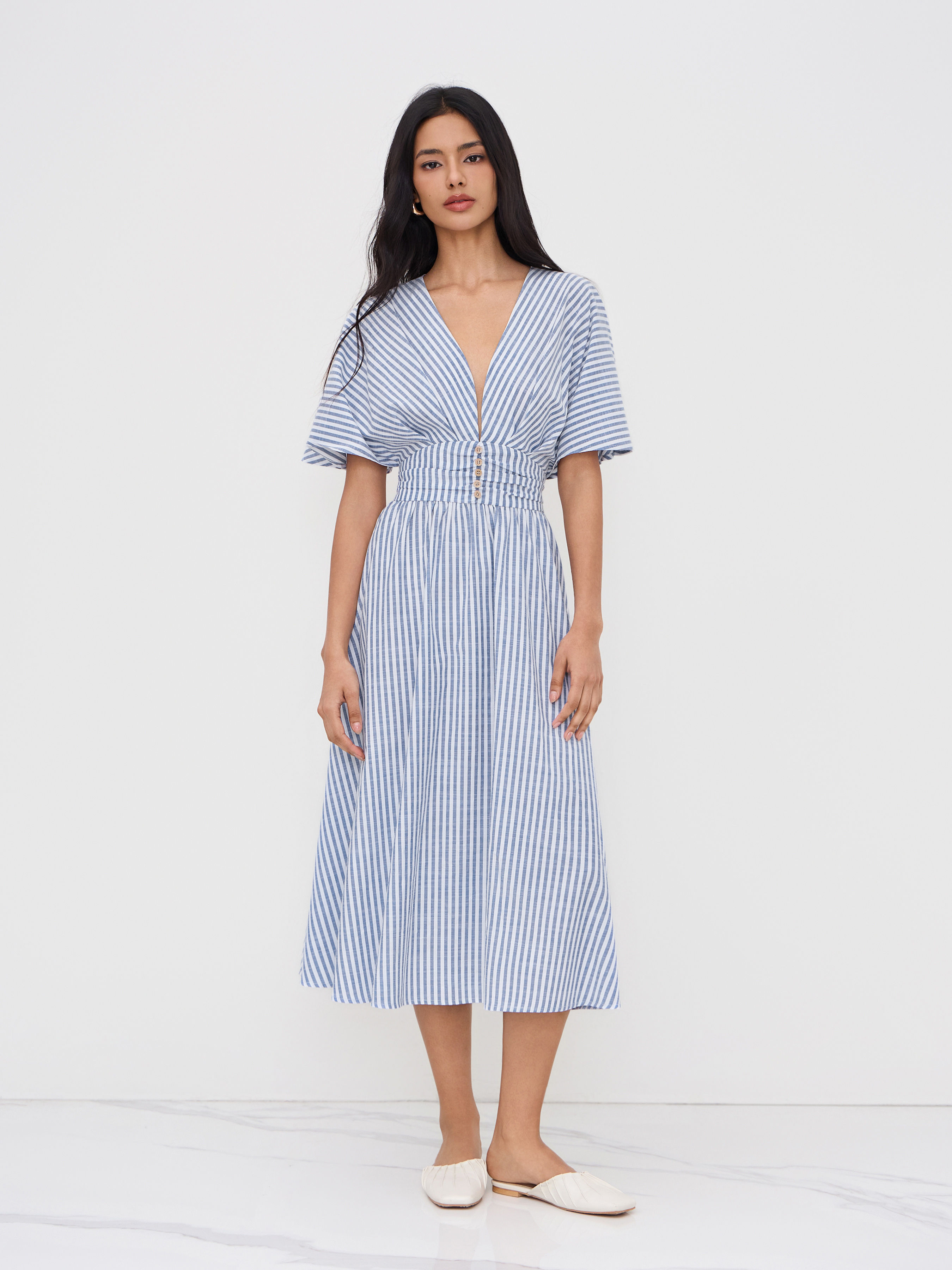 cider Cotton-blend V-neck Striped Ruched Button Dress-picture-40