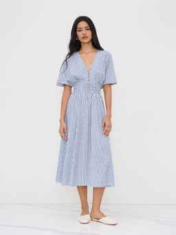 Cider - Cotton-blend V-neck Striped Ruched Button Dress