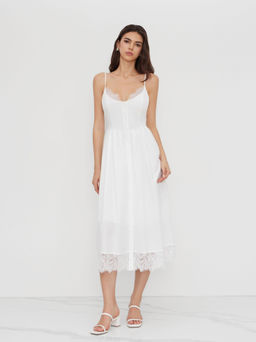 Cider - Cotton V-neck Lace Trim Button Through Cami Dress