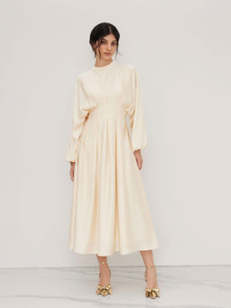 Cider - Stand Collar Pleated Cinched Waist Long Sleeve Dress