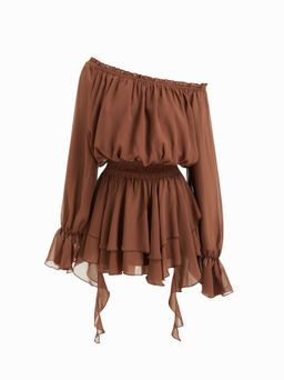 Cider - Off-shoulder Lantern Sleeve Asymmetrical Ruffle Hem Dress