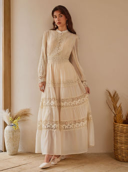 Cider - Stand Collar Embroidery Hollow Out Tie Back Knotted Lantern Sleeve Dress
